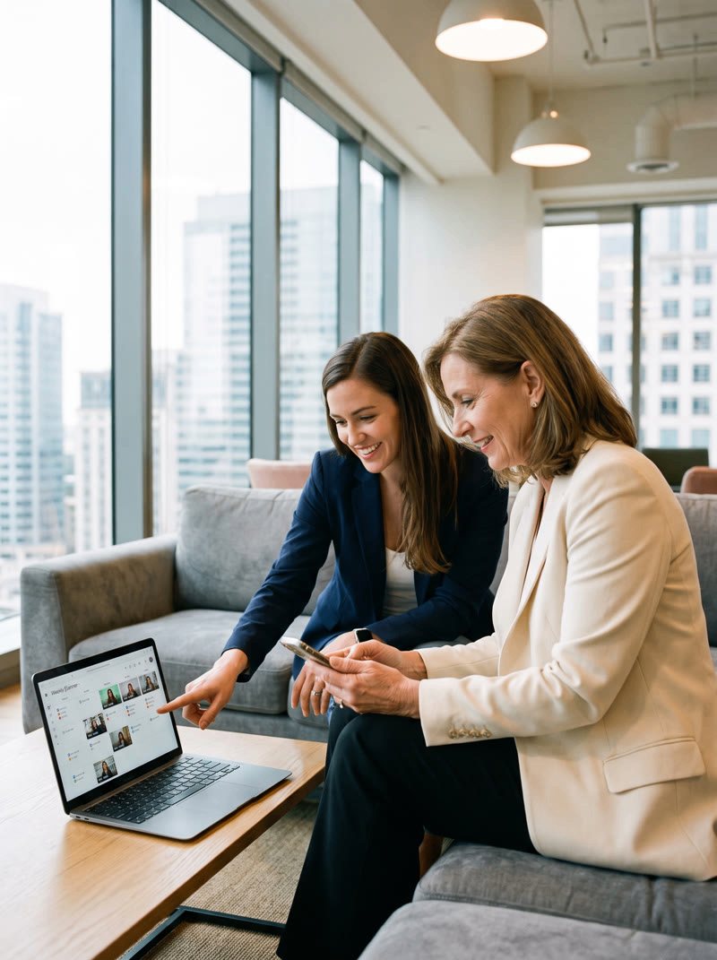Specialist showing a business owner her scheduled videos on a content calendar
